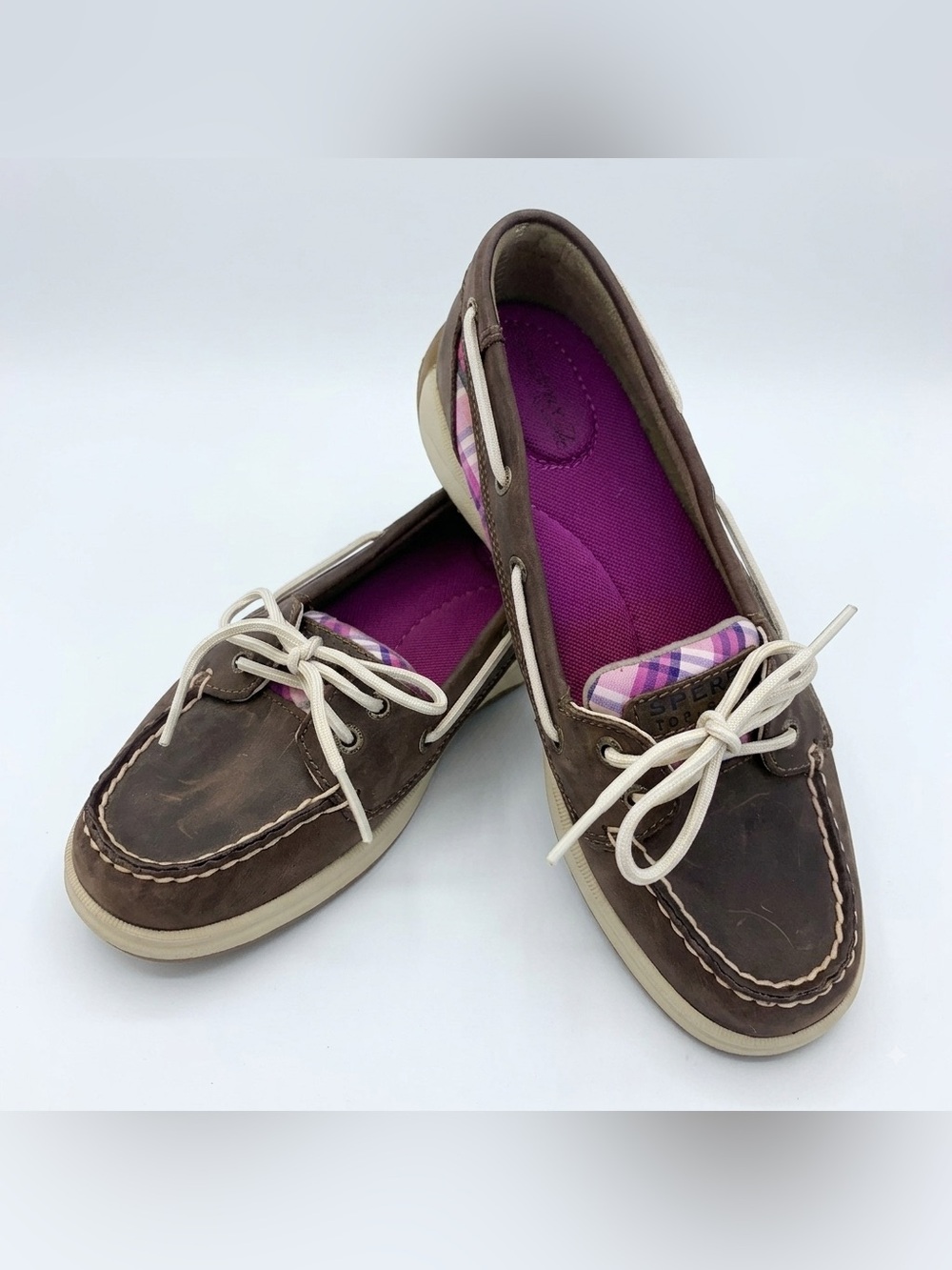 Sperry Top-Sider Brown Leather Purple Plaid Boat Shoes 7M